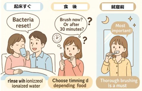 歯磨きの最適なタイミングを解説するアニメ風図解。起床直後のうがい、食後のタイミング調整、就寝前の丁寧な歯磨きの重要性を分かりやすく説明。