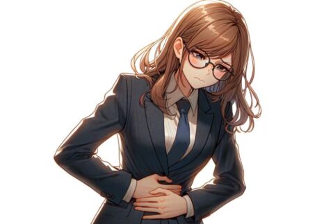 スーツ姿の若い女性が、胃のあたりを押さえてつらそうな表情をしているイラスト。胃腸の不調やお腹の違和感を抱えている様子がわかる。口臭と胃腸の健康トラブルをテーマにした記事のキャッチ画像に最適。