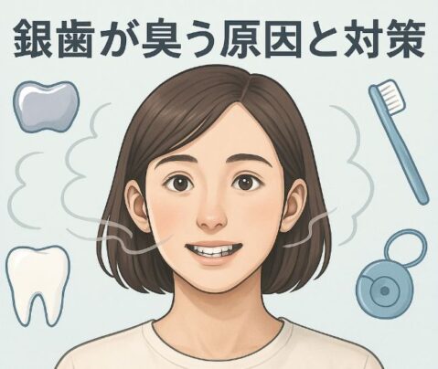 銀歯が臭う原因と対策を説明するリアルなアニメ風イラスト。若い日本人女性が銀歯を見せて微笑み、周囲に歯や銀歯、歯ブラシ、フロスなどのアイコンが描かれ、「銀歯が臭う原因と対策」の日本語タイトルが画面上部に表示されている画像。