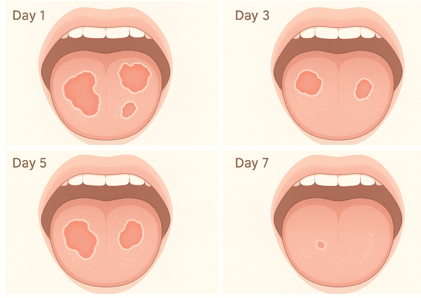 地図状舌の時系列変化 Day1,3,5,7(赤い脱落斑と淡い白縁が移動する様子)