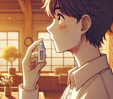マウススプレーをして口臭ケアを行う日本人男性のイラスト。10秒で息リフレッシュできる即効ケアアイテムも並んでいる。