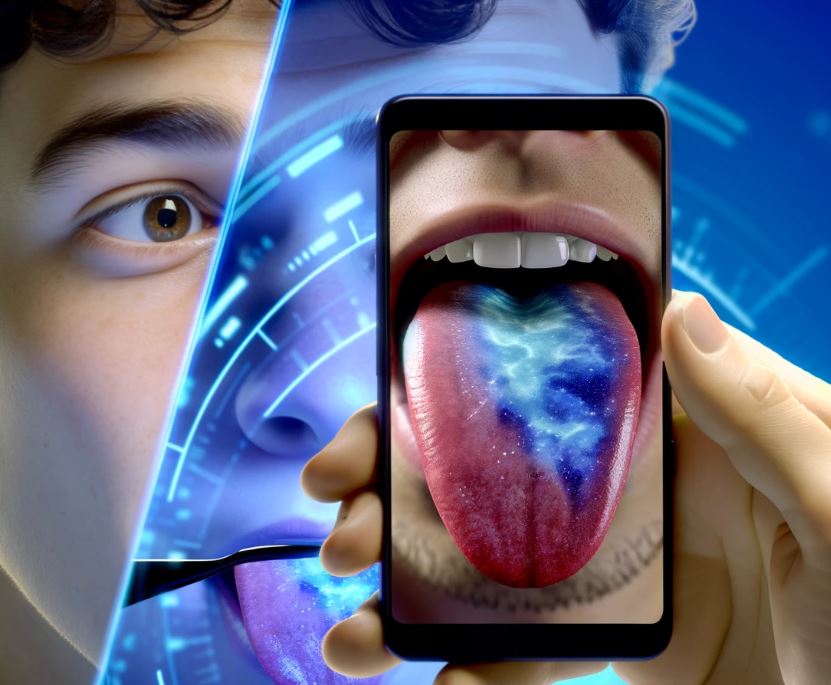 スマホのアプリで舌診断する男性
