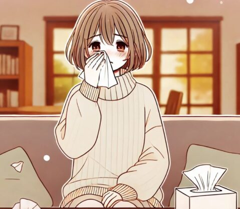 後鼻漏と口臭対策のイメージイラスト（鼻うがいをした後、ティッシュで鼻水を拭く女性）