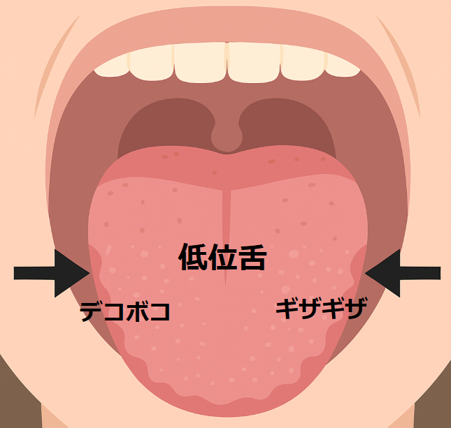 「低位舌の例。舌を前に出すと、舌のふちにギザギザ（デコボコ）した歯型の跡が見える様子を示すイラスト。低位舌ではこのように舌の側面に歯型がつきやすい。