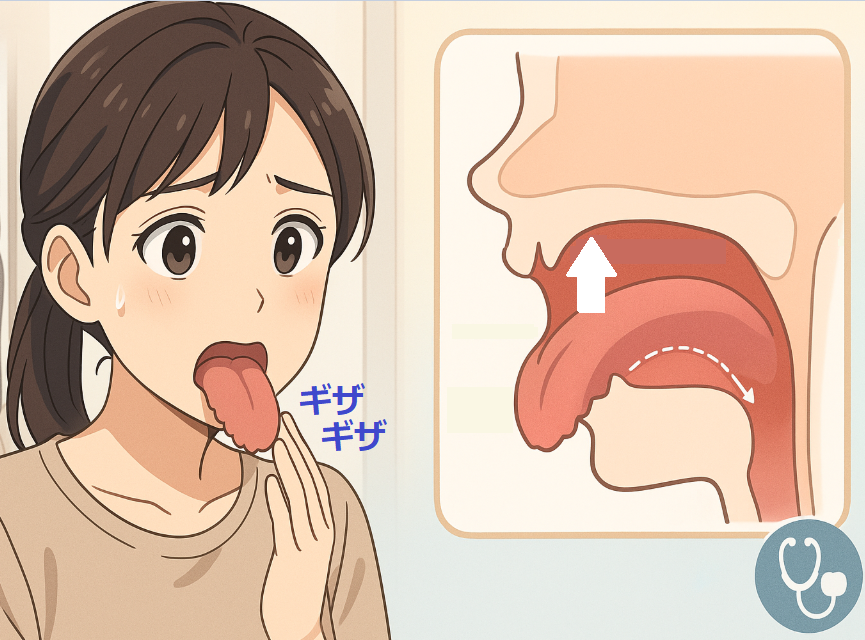 低位舌をセルフチェックする女性と、舌が下がった状態を示す断面図のイラスト。舌のふちに歯型が見えるのが特徴。