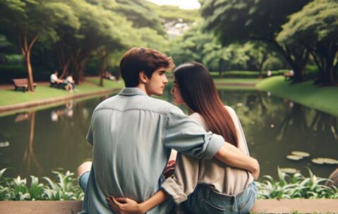 公園のベンチで寄り添うカップル。彼女の口臭（ドブ臭）が気になる男性が優しく寄り添い、二人で問題解決を考える様子。「彼女 口臭 ドブ」対策イメージ。