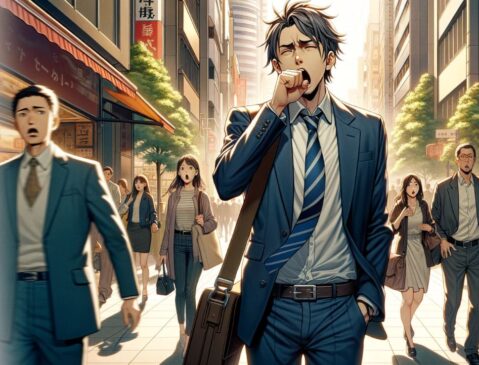 膿栓(臭い玉)が自然に取れる主なタイミングをイラストで説明。くしゃみ、咳、食事、うがい、運動、あくびのシーンが描かれている。