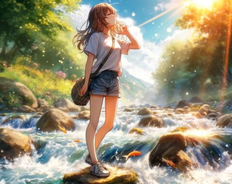 口臭がない人の特徴を表現するイラスト。清流で深呼吸する若い女性