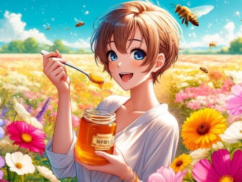 はちみつで舌苔を取ろうとする女性のイラスト