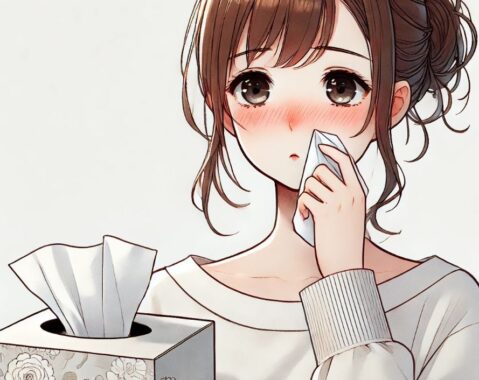 鼻炎で鼻が臭いと悩む女性がティッシュで鼻をかんでいるイラスト画像。