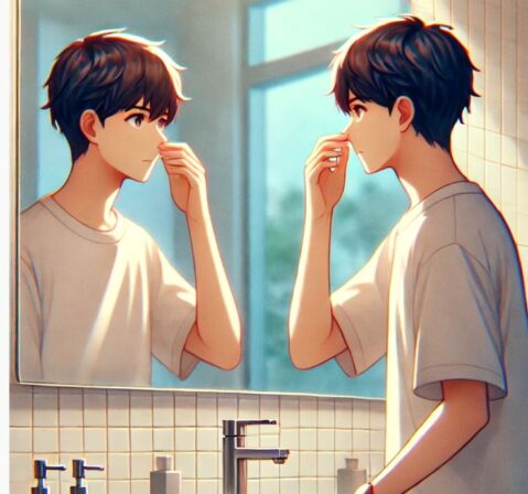 唾液の臭いが気になっている男性がツバを嗅いでいるシーン。
