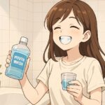 口臭対策のマウスウォッシュでうがいをしている女性のイラスト