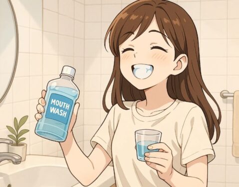 マウスウォッシュでうがいをしている女性のイラスト
