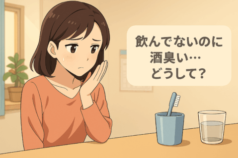 飲酒していないのに酒臭さに悩む日本人女性が、困った表情で自分の息を手で嗅いでいるアニメ風イラスト。テーブルには歯ブラシとコップが置かれ、生活感のある室内背景。「飲んでないのに酒臭い…どうして？」という日本語ラベル入り。