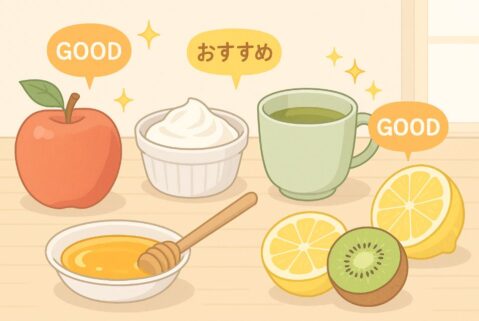 リンゴ、ヨーグルト、緑茶、レモン、キウイ、はちみつなど口臭予防に効果的な食べ物が朝食テーブルに並ぶ爽やかなアニメ風イラスト