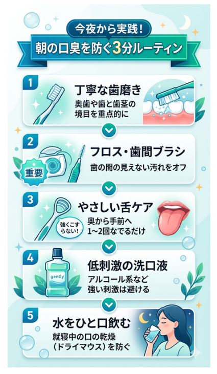 朝の口臭を防ぐ寝る前3分ルーティン（歯磨き、フロス、舌ケア、洗口液、水分補給）