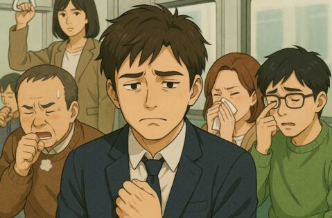 パトムかもしれないと心配している男性の周囲には咳き込む人、クシャミをする人、鼻をかむ人、目をかく人がいる様子を表わしたイラスト