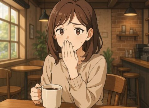 コーヒーを飲んで口臭が気になる女性のイラスト