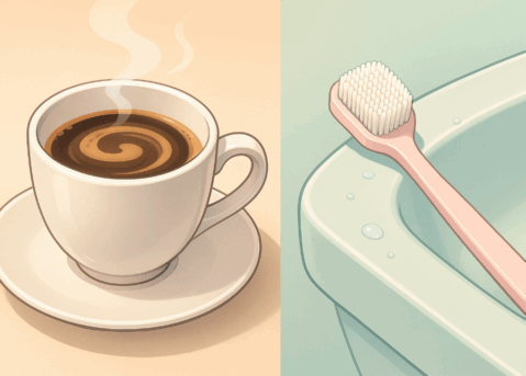 コーヒーの湯気立つカップと、水滴付きピンクの舌ブラシを並べたアニメ調イラスト(コーヒー口臭対策/舌ケア)