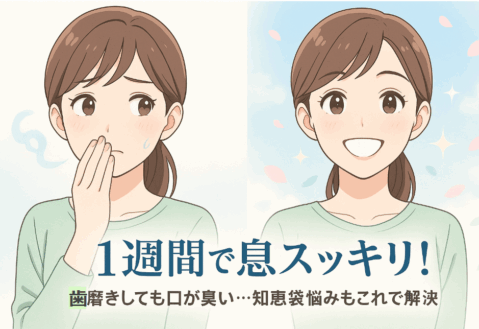 アニメ風の日本人女性が、左側で「歯磨きしても口が臭い」と悩み、右側で笑顔に変化。背景は清潔感のある青空と花びら。下に「1週間で息スッキリ！知恵袋悩みもこれで解決」と大きく表示。