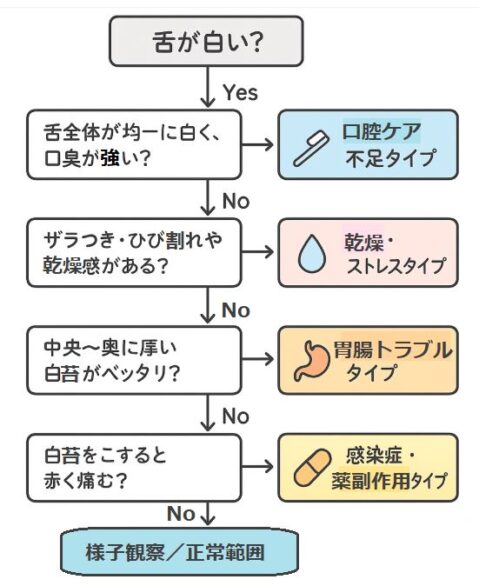 舌が白い原因タイプ診断フローチャート｜口腔ケア不足・乾燥タイプ・胃腸トラブル・感染症の4分類