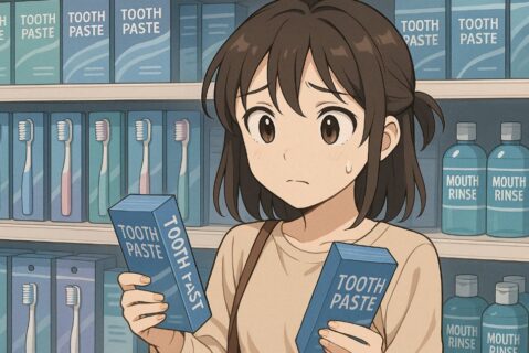 ドラッグストアで歯磨き粉を選んでいる女性のイラスト