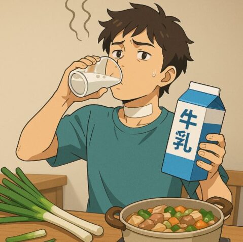 ネギ鍋を食べすぎて口が臭くなった男性のイラスト