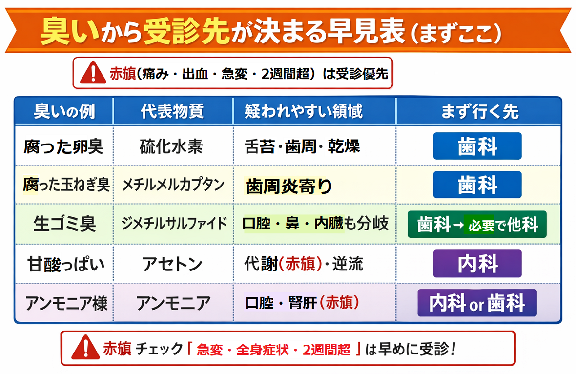 口臭の臭い例（卵臭・玉ねぎ臭・生ゴミ臭・甘酸っぱい・アンモニア）と代表物質、疑われる領域、受診先（歯科・耳鼻科・内科）をまとめた早見表