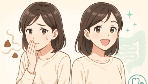 うんち臭い口臭に悩む日本人女性のビフォーアフター。左は不安な表情と臭いアイコン、右は健康的な笑顔と腸のイラスト。