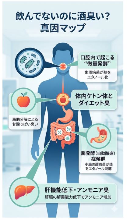 飲んでいないのに酒臭い原因マップ(口腔内の発酵、ケトン体、腸内発酵、肝機能低下など)