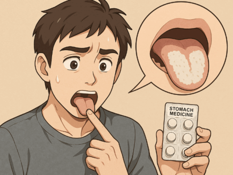 薬局で、白い苔がついた舌を指さしている若い男性に、薬剤師が「STOMACH MEDICINE」と書かれた胃薬のシートを差し出している様子を描いたアニメ風イラスト。
