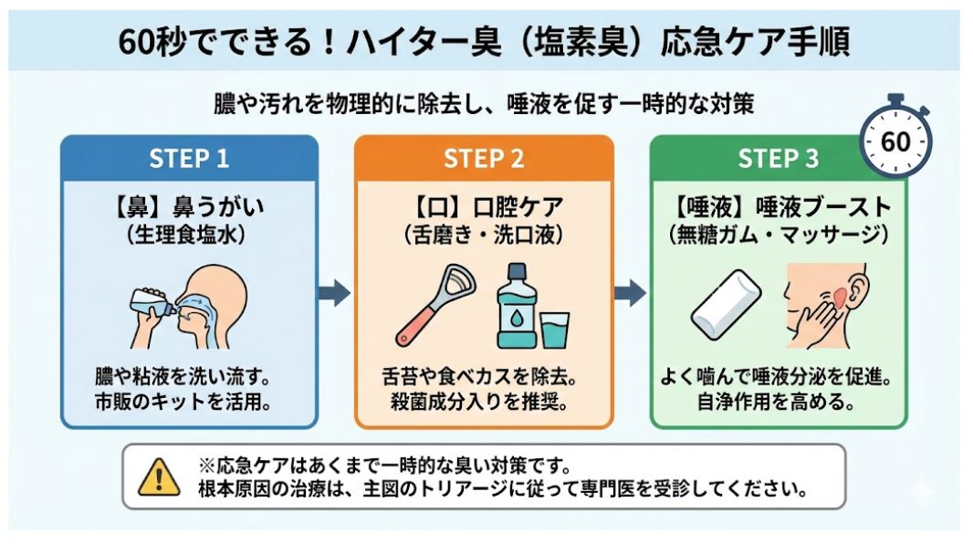 ハイター(塩素)のような口臭を抑えるための60秒応急ケア手順を示したフローチャート。STEP1:鼻うがい(生理食塩水)で膿を洗い流す、STEP2:舌磨きと洗口液で口腔内の汚れを除去、STEP3:無糖ガムやマッサージで唾液分泌を促進する、という3段階の具体的な方法と、これが一時的な対策である旨の注意書きが記載されている。