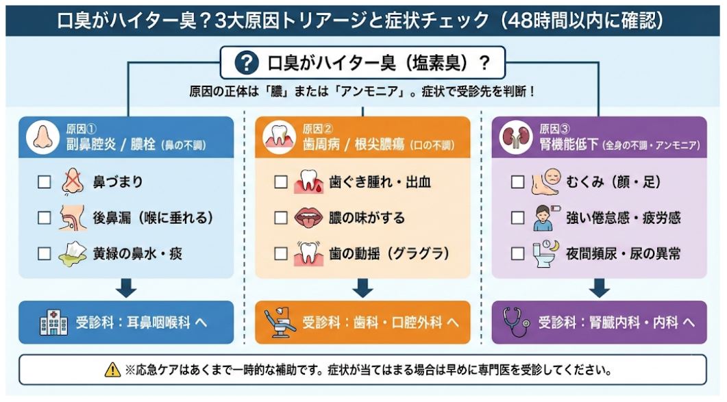 ハイター(塩素)のような口臭がする場合の3大原因(副鼻腔炎・歯周病・腎機能低下)を、症状別にまとめたトリアージ図。鼻・歯・全身のチェック項目と、それぞれ推奨される受診科(耳鼻科・歯科・腎臓内科)を色分けで分かりやすく解説しています。