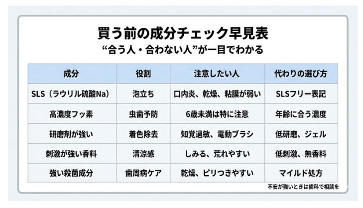 「買う前の成分チェック早見表」と題された、歯磨き粉の成分に関する比較表。「成分」「役割」「注意したい人」「代わりの選び方」の4項目で構成されており、SLS（ラウリル硫酸Na）、高濃度フッ素、強い研磨剤、刺激が強い香料、強い殺菌成分について、それぞれの特徴と口内炎や知覚過敏などの注意点、SLSフリーや低刺激といった代わりの選び方が一覧でまとめられている。