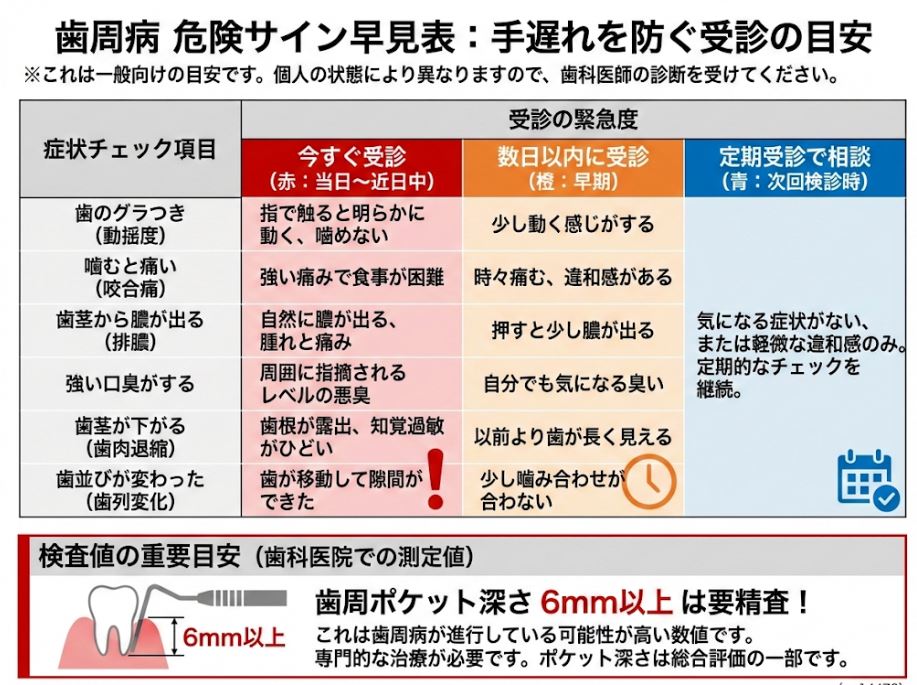 歯周病の症状(歯のグラつき、痛み、膿、口臭、歯肉退縮)と受診の緊急度を「今すぐ」「数日以内」「定期受診」で色分けした信号機型チャート。歯周ポケット6mm以上の注意書き付き。