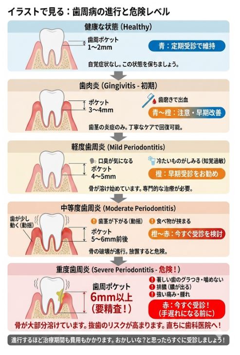健康な状態から重度歯周炎までの5段階の進行フロー。歯周ポケットの深さ(2mm〜6mm以上)ごとの歯肉の状態、骨の溶け方、主な症状をイラストで解説。