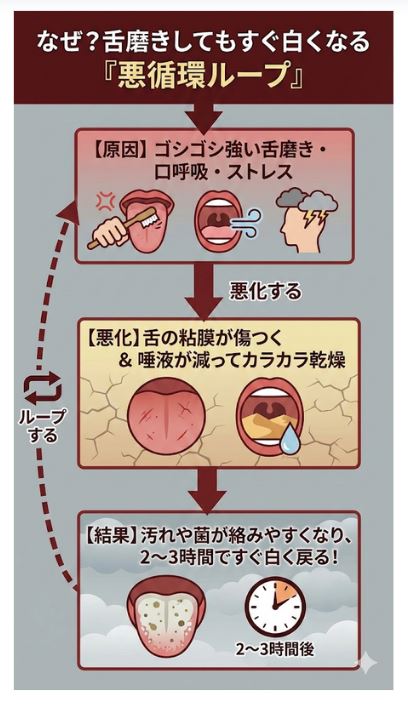 舌磨きをしても2〜3時間で舌苔が白く戻ってしまう原因を解説した図解。ゴシゴシ磨きによる粘膜の傷や口呼吸による乾燥が、さらなる舌苔の付着を招く「悪循環ループ」を説明しています。
