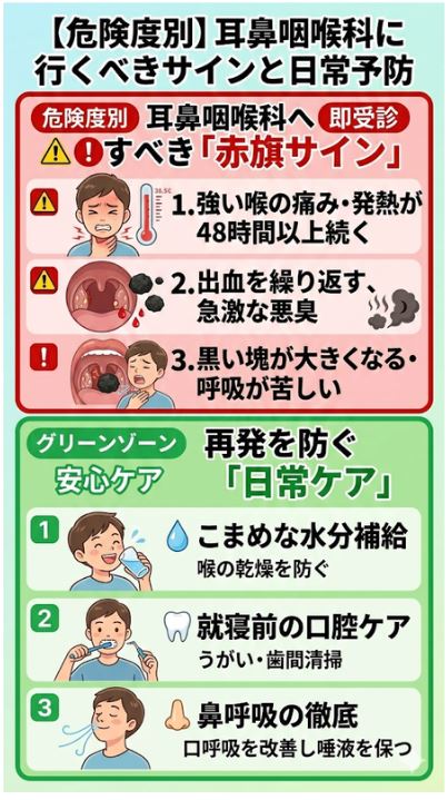 黒い膿栓・扁桃結石で耳鼻科を受診する目安（赤旗サイン）と再発を防ぐ予防習慣