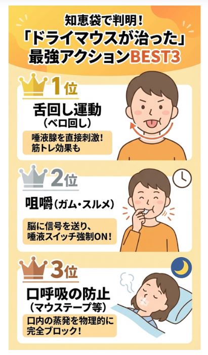 知恵袋でドライマウスが治ったと評判のセルフケアTOP3。1位：唾液腺を刺激する舌回し運動。2位：咀嚼反射を利用したガム。3位：口内の蒸発を防ぐ就寝時のマウステープ。