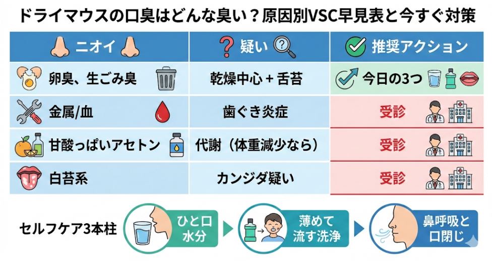 ドライマウスによる口臭をニオイの種類（卵臭・生ごみ、金属・血、甘酸っぱいアセトン、白苔系）ごとに分類し、それぞれの原因と受診の目安、推奨アクションをまとめた比較図解。