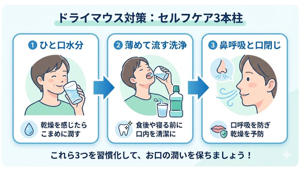 ドライマウス対策の基本となる3つのセルフケア。1.こまめな水分補給、2.食後・就寝前の口内洗浄、3.鼻呼吸と口を閉じる習慣の継続をイラストで解説した図解。
