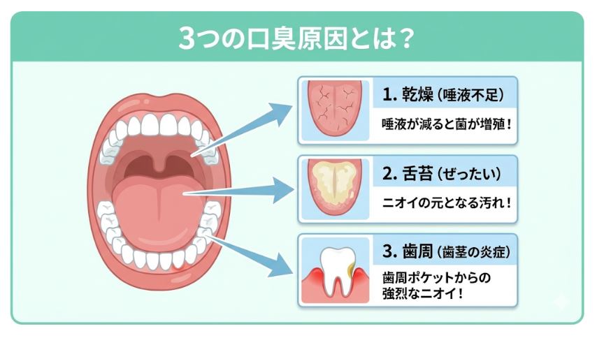 口臭の主な原因となる3つの要素を示した図解。口内のイラストとともに、唾液不足による「乾燥」、ニオイの元となる汚れである「舌苔（ぜったい）」、歯茎の炎症による「歯周」の各発生箇所と原因を解説しています。
