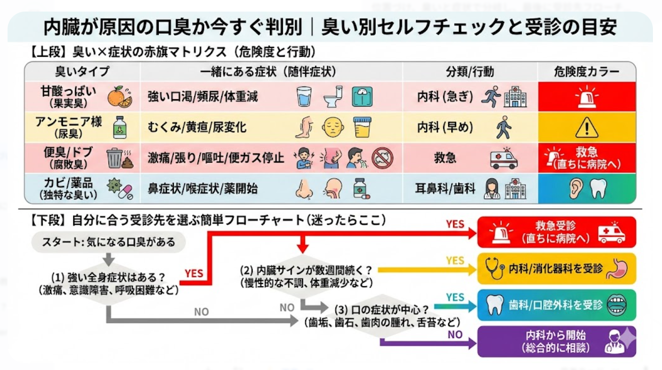 内臓が原因の口臭を判別する図解。上段は「甘酸っぱい(糖尿病等)」「アンモニア(肝腎)」「便臭(消化管閉塞)」「カビ(耳鼻科)」といった臭い別の随伴症状と危険度(救急・内科・歯科等)をまとめた表。下段は「強い全身症状」「内臓サインの持続」「口腔症状」の3ステップで最適な受診先を判断するフローチャート。