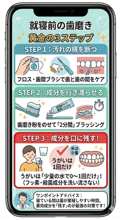 朝の口臭を防ぐ就寝前の歯磨き黄金手順。少量の水ですすぎ成分を残すのがコツ