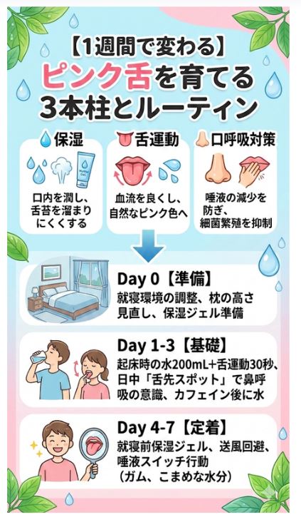 舌をピンク色にする1週間ルーティンの3本柱（保湿・舌運動・口呼吸対策）とスケジュール