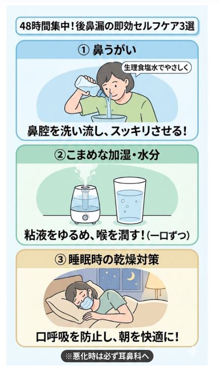後鼻漏を自力で解消する48時間即効セルフケア3選（鼻うがい・加湿・睡眠時の対策）
