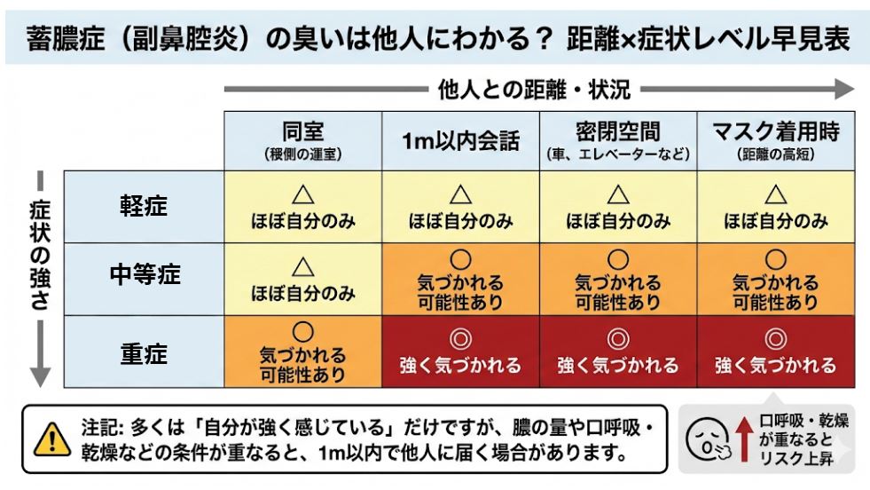 蓄膿症(副鼻腔炎)の症状の重さと、他人に臭いが気づかれる距離の関係をまとめたヒートマップ。軽症・中等症・重症ごとに、1m以内の会話や密閉空間でのリスクを「ほぼ自分のみ」から「強く気づかれる」まで4段階で図解。