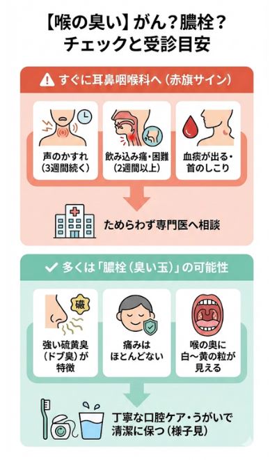 喉が臭い原因ががんか膿栓かを判別するための比較図。声のかすれや嚥下痛などの「がんを疑う赤旗サイン」と、強い硫黄臭や白い粒などの「膿栓の特徴」を整理し、受診の目安を解説。