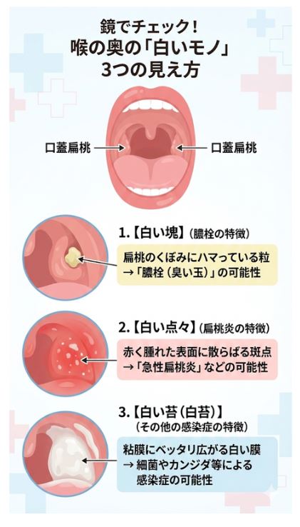 喉の奥の白いものの特徴を、扁桃のくぼみにはまる「白い塊（膿栓）」、赤く腫れた表面の「白い点々（扁桃炎）」、全体に広がる「白い苔（白苔）」の3タイプで視覚的に解説した比較図。