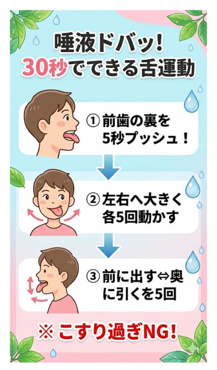 血流と唾液を増やす30秒の舌運動（プッシュ・左右・前後）のやり方